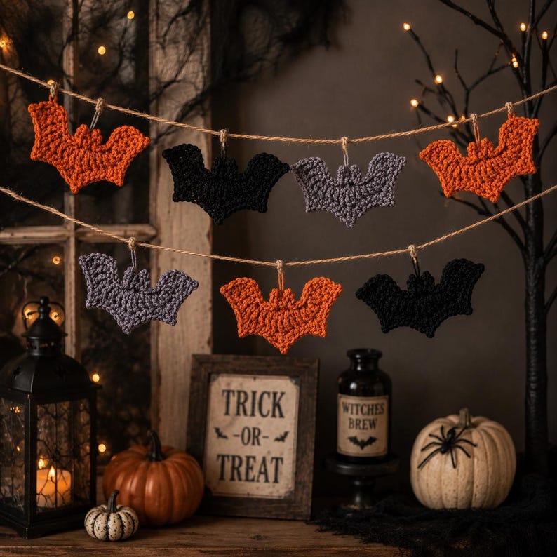 May include: A decorative garland featuring six crocheted bat ornaments in orange, black, and grey, suspended from a thin twine string. The bats are arranged in two rows, showcasing detailed yarn textures and distinct wing shapes for each individual piece.