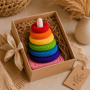 May include: A crochet stacking toy featuring six rings in a rainbow color sequence of red, orange, yellow, green, blue, and purple, topped with a small white cone. The rings sit on a square pink base, all packaged inside a brown cardboard gift box.