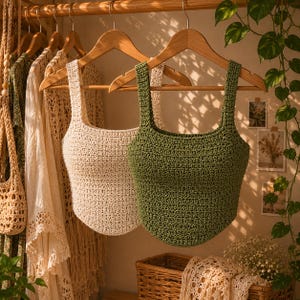 Op de afbeelding: Twee mouwloze gehaakte hemdjes hangen aan houten kledinghangers. Het ene hemdje is effen cr&egrave;me van kleur en het andere is effen olijfgroen. Beide kledingstukken hebben een vierkante halslijn, brede schouderbandjes en een gestructureerd breipatroon.