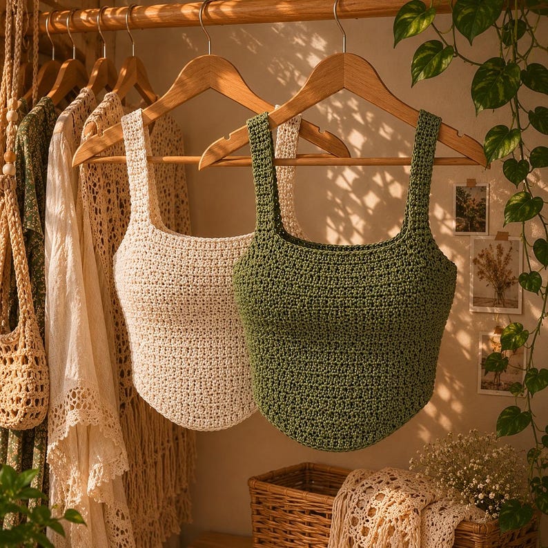 Op de afbeelding: Twee mouwloze gehaakte hemdjes hangen aan houten kledinghangers. Het ene hemdje is effen cr&egrave;me van kleur en het andere is effen olijfgroen. Beide kledingstukken hebben een vierkante halslijn, brede schouderbandjes en een gestructureerd breipatroon.