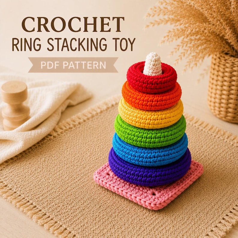 May include: A crochet ring stacking toy PDF pattern featuring a stack of six colorful rings in red, orange, yellow, green, blue, and purple, topped with a white cone, all resting on a square pink base with a textured, handmade yarn finish.
