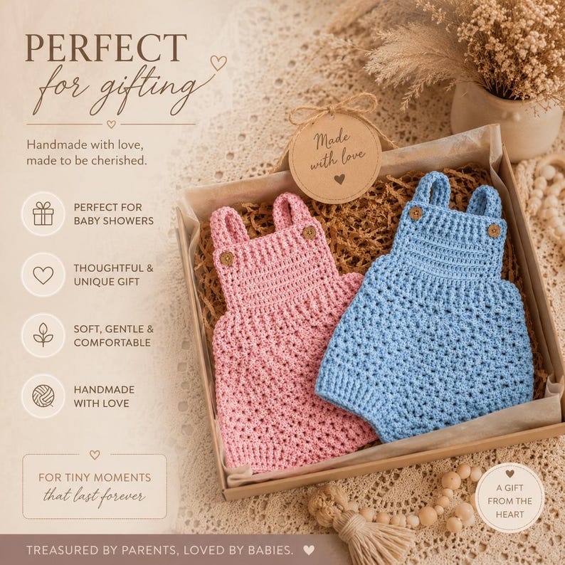 May include: A gift box containing two handmade crochet baby rompers, one in light pink and one in light blue. Each romper features two shoulder straps with small brown buttons. A round cardboard tag labeled Made with love is tied to the box.