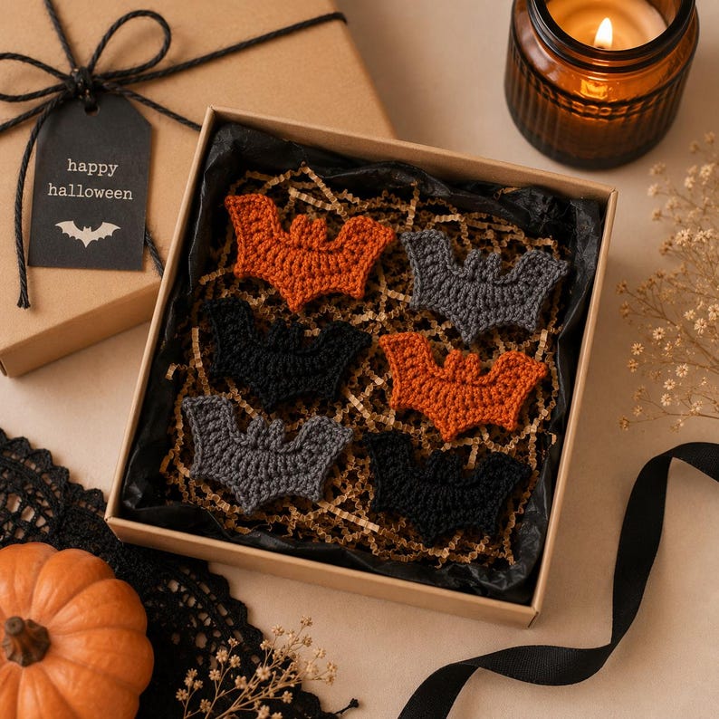 May include: A set of six crocheted bat appliques in orange, black, and gray, arranged inside a square cardboard gift box filled with shredded paper. A black gift tag with the text "happy halloween" and a bat icon is attached to the box lid.