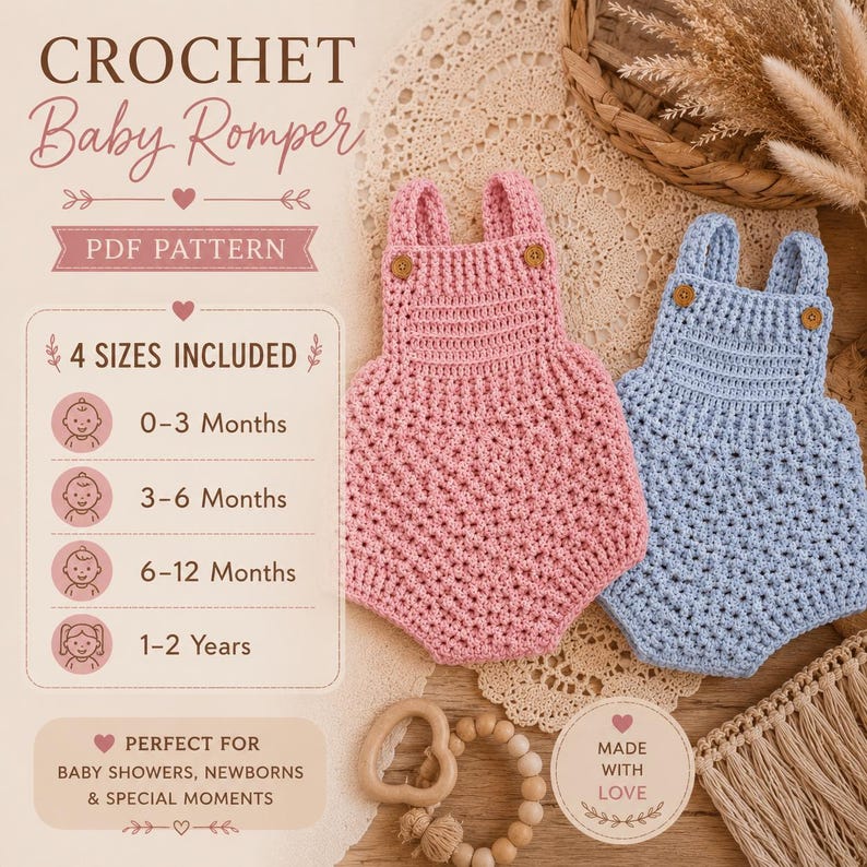 May include: Two crochet baby rompers, one in light pink and one in light blue, each featuring two small brown buttons on the straps. The text reads CROCHET Baby Romper PDF PATTERN, 4 SIZES INCLUDED, 0-3 Months, 3-6 Months, 6-12 Months, 1-2 Years.