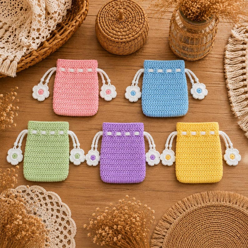 Mini Floral Drawstring Bag Crochet Pattern PDF AirPods Pouch Crochet Tutorial Flower Coin Purse Pattern Beginner Crochet Gift Bag Digital image 2