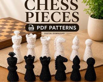かぎ針編みチェスの駒パターンバンドルPDF キング クイーン ルーク ビショップ ナイト ポーン あみぐるみチェスセット かぎ針編みチェスPDFパターン デジタルダウンロード