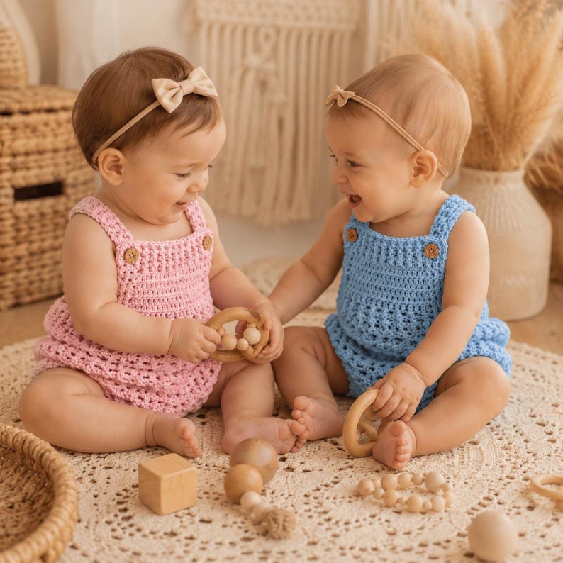 May include: Two infants sitting on a textured mat, one wearing a light pink crocheted romper with wooden buttons and a matching bow headband, the other in a light blue crocheted romper with wooden buttons and a thin headband, playing with wooden toys.