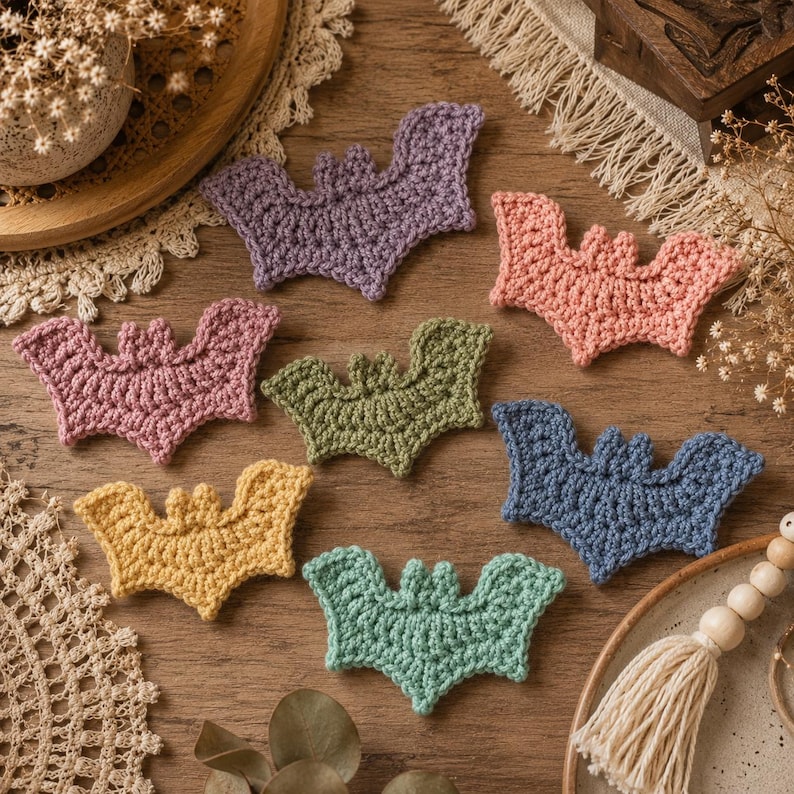 May include: A collection of seven crocheted bat appliques in various colors including purple, peach, dusty pink, olive green, mustard yellow, blue, and mint green, each featuring a distinct wing shape and small pointed ears.
