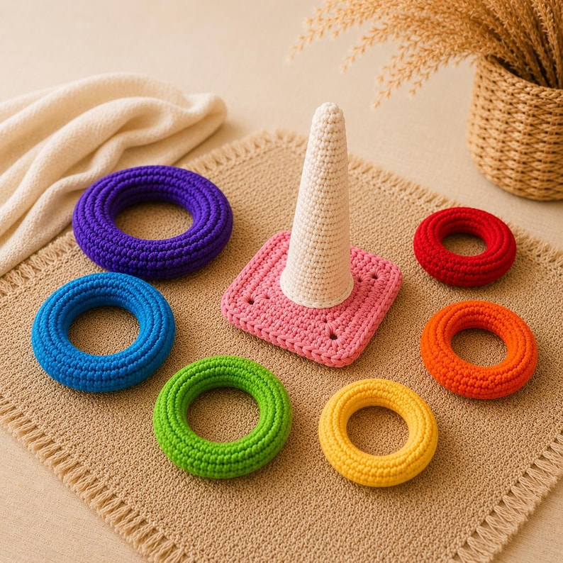 May include: A crochet stacking toy featuring a central off-white cone attached to a square pink base. The set includes five separate circular rings in purple, blue, green, yellow, and red, all crafted with a textured yarn stitch pattern.