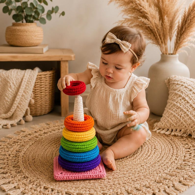 May include: A crochet stacking toy featuring a square pink base and a central post topped with a white ring. The stack includes five colorful rings in red, orange, yellow, green, and blue, all crafted with a textured yarn finish.