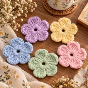 Könnte beinhalten: Fünf gehäkelte Blumenapplikationen in Pastellfarben, darunter Lavendel, Hellgelb, Hellblau, Minzgrün und zartes Rosa. Jede Blume hat fünf abgerundete Blütenblätter und eine kleine kreisförmige Öffnung in der Mitte, gefertigt aus Garn.