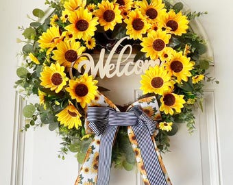 22" Sunflower Welcome Wreath for Front Door, All Season Farmhouse Yellow Floral Wreath, Summer Fall Door Decor, Housewarming Gift