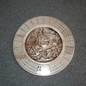 Lighthouse scene 3 track round cribbage board with storage