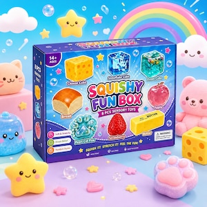 May include: A Squishy Fun Box set containing 8 sensory toys, featuring illustrations of a cheese cube, snowflake cube, ocean cube, bread, apple, pearl cat paw, strawberry, and butter. The box displays the text Squishy Fun Box and 8 PCS Sensory Toys.