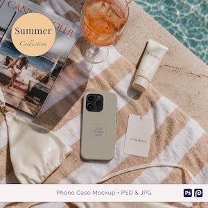 May include: A summer-themed scene with a phone case mockup, magazine, cocktail, sunscreen, and a card. The phone case is light green with a space for a design. The magazine has the text "Summer Collection".