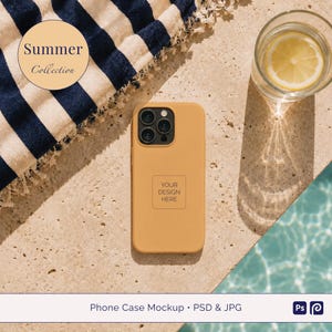 May include: Mustard-colored phone case mockup with a space for a custom design. The phone case is next to a glass of water with a lemon slice, a striped towel, and the text "Summer Collection".