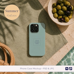 May include: A light teal phone case with a square design area for customization, resting on a green towel. The image includes a bowl of olives, a woven bag, and text that reads "Summer Collection" and "YOUR DESIGN HERE".