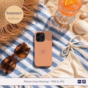 May include: A peach-colored phone case with a blank design area, sunglasses, and a straw hat are arranged on a striped towel. A cocktail with an orange slice and a seashell are also present. The text "Summer Collection" is in a circle.