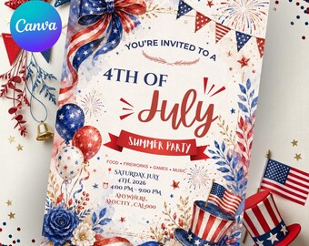 4th of July Invitation Template, Patriotic Summer Party Invite, Editable Independence Day Invitation, Red White Blue Party Invite