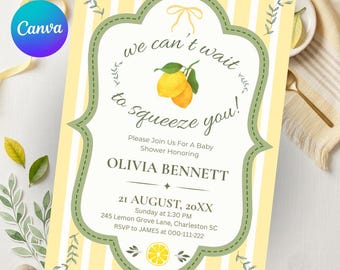 Lemon Baby Shower Invitation, We Can't Wait To Squeeze You Invite, Citrus Printable Evite, Yellow Green Editable Template, Neutral Gender