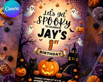 Halloween First Birthday Invitation, Spooky 1st Bday Editable Invite, Pumpkin Ghost Party Printable, Digital Evite, Jack O Lantern Card