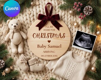I'll Be Home For Christmas Baby Announcement, Personalized Winter Pregnancy Reveal Template, Neutral Holiday Due Date Digital Canva Post
