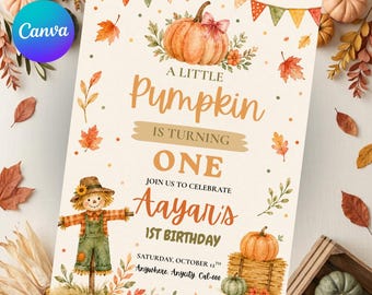 Little Pumpkin Girl First Birthday Invitation, Fall Harvest Canva Template, Autumn Watercolor 1st Birthday Invite, Editable Printable
