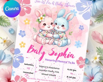 Bunny Baby Shower Invitation, Pink Rabbit Baby Shower Invite, Girl Baby Shower Template, Editable Digital Download