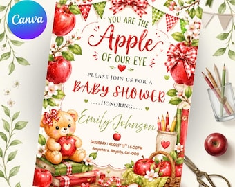 Apple Of Our Eye Baby Shower Invitation, Printable Editable Invite, Red Apple Watercolor Canva Template, Fall Harvest Party Invite
