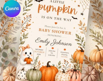 Halloween Little Pumpkin Baby Shower Invitation, Ghost Fall Girl Invite, Watercolor Editable Sage Template, Whimsical Orange Printable Evite