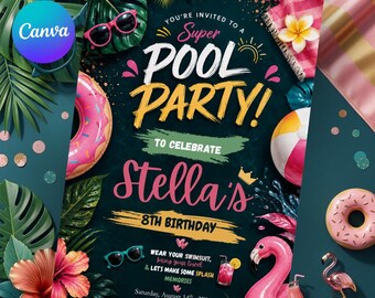 Pool Party Invitation Template, Summer Birthday Invite, Tropical Swim Party Invitation, Editable Canva Template, Printable Digital Download