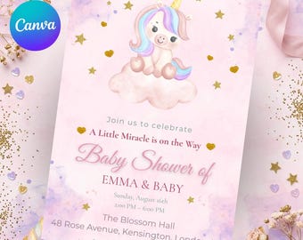 Unicorn Baby Shower Invitation, Printable Pink Girl Baby Shower Invite, Canva Editable Template, Baby Shower Gift, Instant Download Card