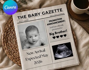 Newspaper Pregnancy Announcement Printable, Big Brother Promoted Template, Editable New Baby Reveal, Sibling Digital Download, Due Date Card
