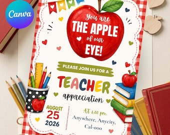 Teacher Appreciation Party Invitation, Editable Apple School Event Invite, Printable Staff Appreciation Flyer, Digital Teacher Party Card