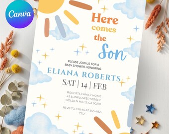 Here Comes The Son Baby Shower Invitation, Sun And Clouds Boy Shower Invite, Editable Printable Template, Sunshine Baby Shower Evite