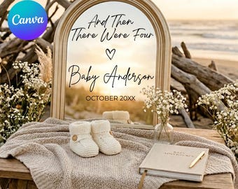 Boho Second Baby Announcement, Gender Neutral Reveal Template, Editable Canva Printable, Coastal Aesthetic Social Media Post, Due Date