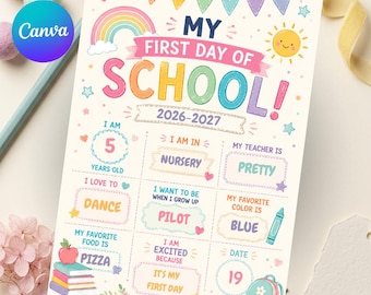 First Day Of School Sign, Editable Back To School Template, Preschool Kindergarten Printable, Canva Milestone Board, School Photo Prop