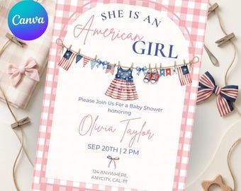 She Is An American Girl Baby Shower Invitation, Pink Gingham Patriotic Canva Template, Flag Bunting Editable Invite, Printable Digital Card