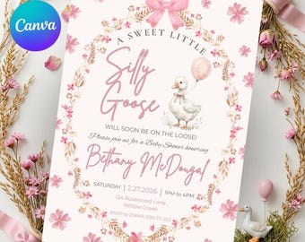 Silly Goose Baby Shower Invitation, Pink Floral Girl Shower Invite, Editable Goose Party Invite, Printable Shower Invitation Template