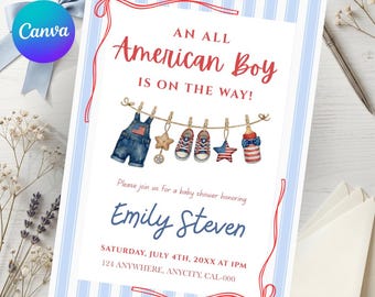 All American Boy Baby Shower Invitation, Patriotic Baby Shower Invite, Fourth of July Boy Shower, Editable Canva Invite