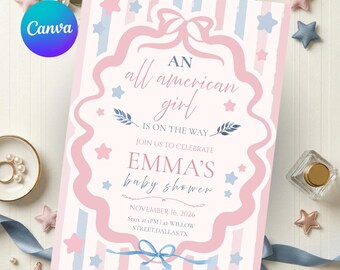 All American Girl Baby Shower Invitation, Patriotic Pink Blue Canva Template, Fourth Of July Baby Shower, Editable Printable Digital Invite