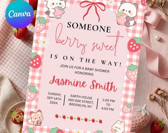 Someone Berry Sweet Is On The Way Baby Shower Invitation, Strawberry Shower Invite, Pink Gingham Kawaii Animals Digital Printable Invite