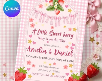 A Little Sweet Berry Baby Shower Invitation, Strawberry Baby Shower Invite Template, Pink Baby Girl Shower Editable Invite
