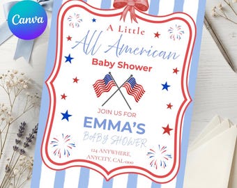 Patriotic Baby Shower Invitation, All American Red White Blue Invite, Fourth Of July Baby Shower, Editable 4th Of July Canva Invitation
