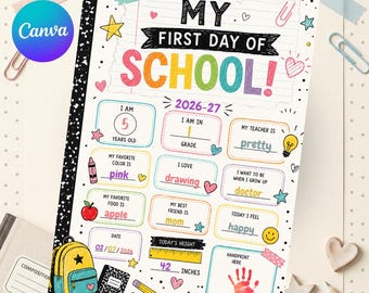 First Day Of School Sign Printable, Editable Back To School Board, Kindergarten Photo Prop, 1st Grade Memory Poster, Child Milestone Chart