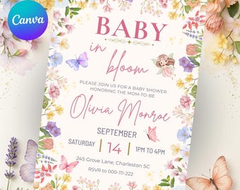 Baby In Bloom Baby Shower Invitation, Floral Baby Shower Invite, Girl Baby Shower Template, Editable Digital Download