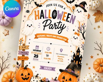 Halloween Party Invitation Template, Editable Cute Ghost Pumpkin Invite, Printable Spooky Kids Party Evite, Canva Digital Download