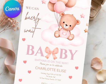 We Can Baerly Wait Baby Shower Invitation, Teddy Bear Pink Balloon Canva Template, Girl Bear Shower Editable Invite, Printable Digital Card