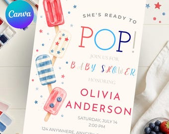 She's Ready To Pop Baby Shower Invitation, Popsicle Red White Blue Canva Template, 4th Of July Patriotic Summer Invite, Editable Digital