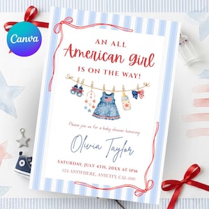 Inbjudan till babyshower för all-amerikanska flickor, patriotisk babyshowerinbjudan, fjärde juli babyshower, röd vit blå flickdusch, utskrivbar